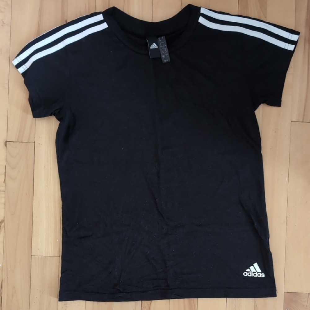 Adidas Women's Black Tee with White Shoulder Stripes Size Small
